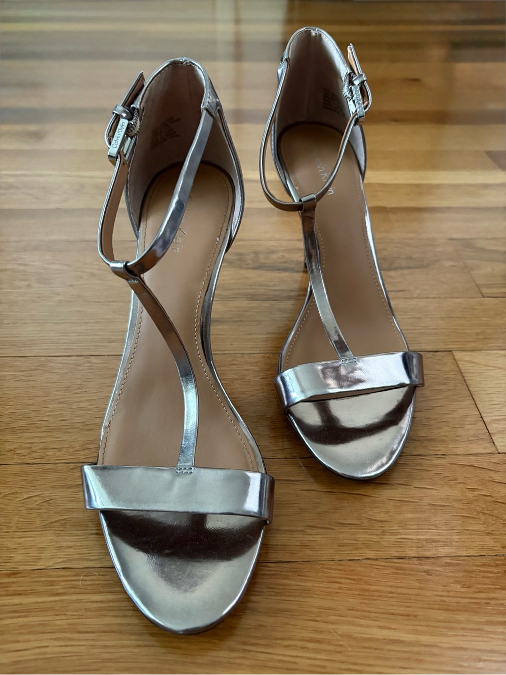 Calvin Klein Champagne Metallic T-Strap Heeled Sandals, Size 9